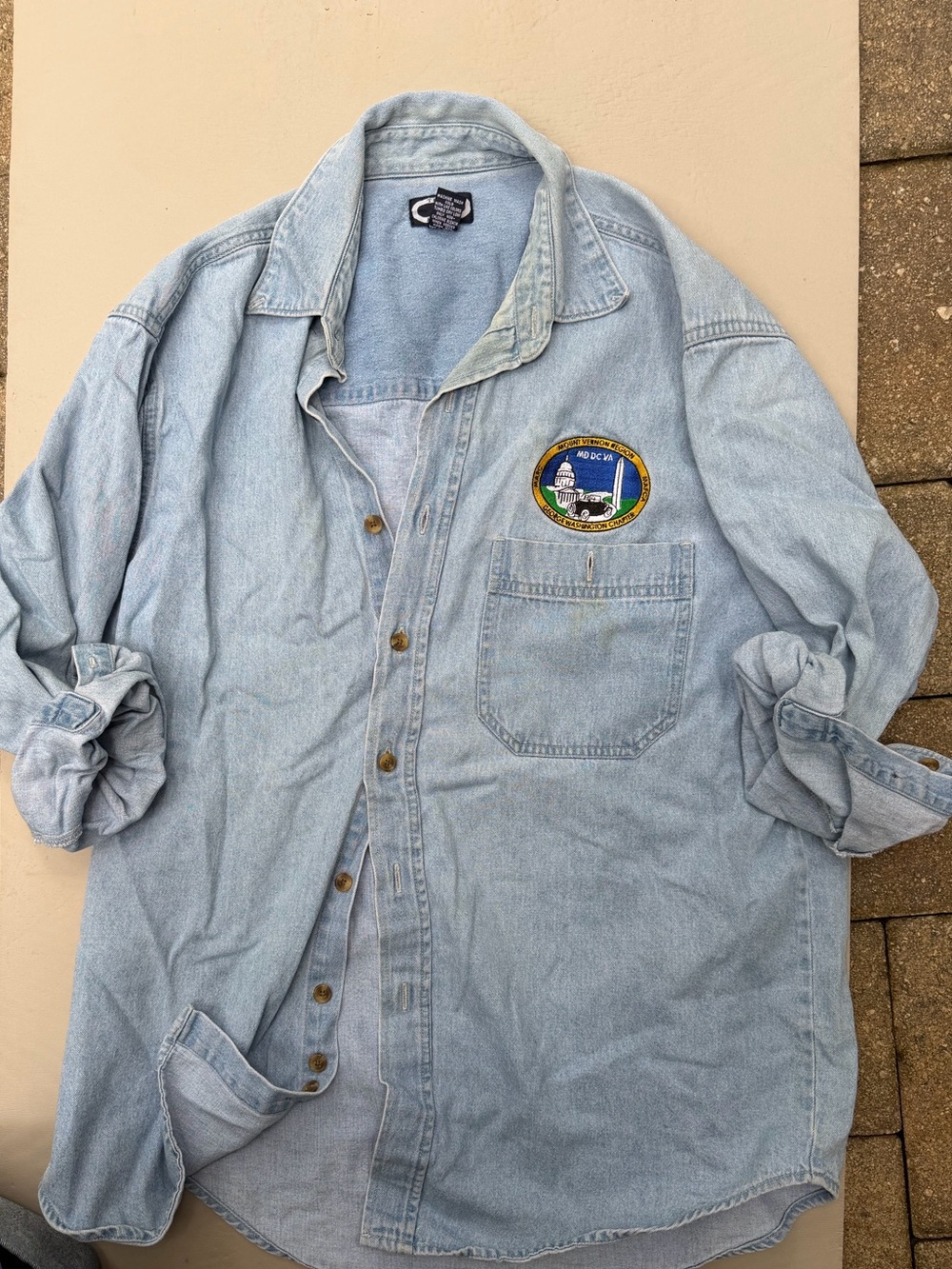 Light Wash Denim Button-Up Shirt with Embroidered DMV Patch